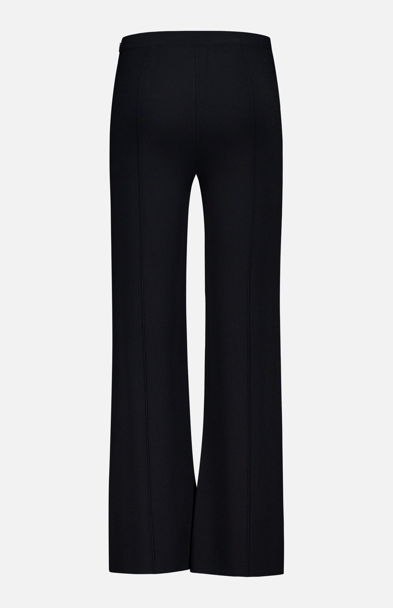 THEORY Compact Cropped Kick Pant in black, high-waisted with vertical seams, shown from the back against a white background. Smooth fabric and modern flare make it a stylish pick for office wear.