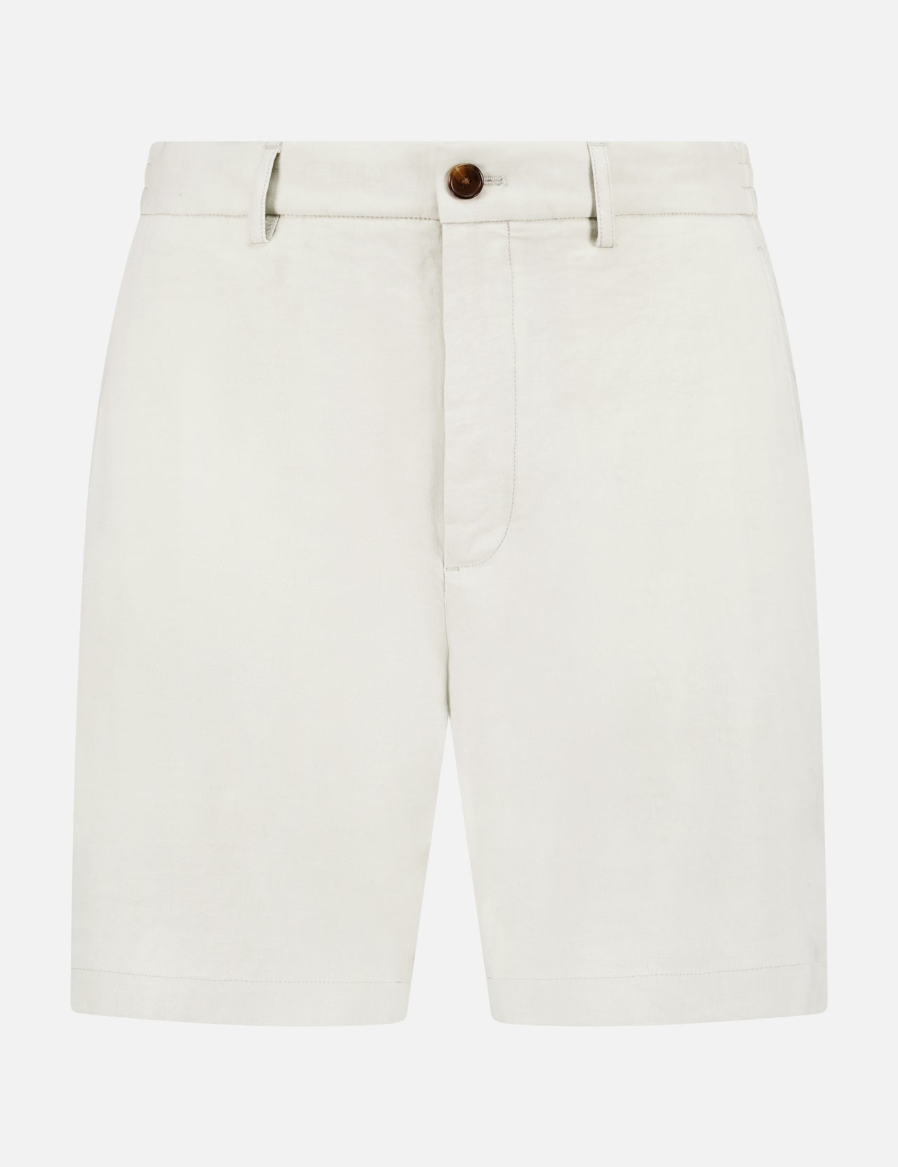 The THEORY Curtis Stretch Fabric Short features a tailored fit in off-white, with belt loops, front button closure, and side pockets. Crafted from stretch fabric and shown against a white background.