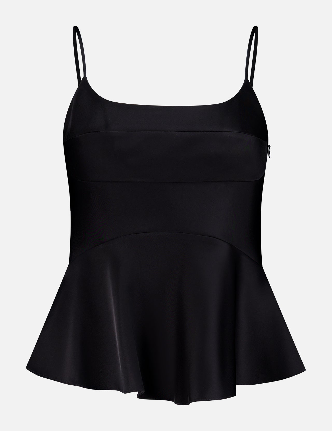 The THEORY Curve Satin Cami Top features black satin, a scoop neckline, thin spaghetti straps, fitted bodice, and flared hem, shown on a plain white background.