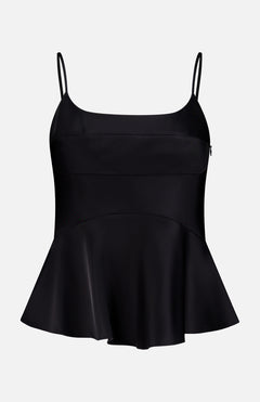 The THEORY Curve Satin Cami Top features black satin, a scoop neckline, thin spaghetti straps, fitted bodice, and flared hem, shown on a plain white background.