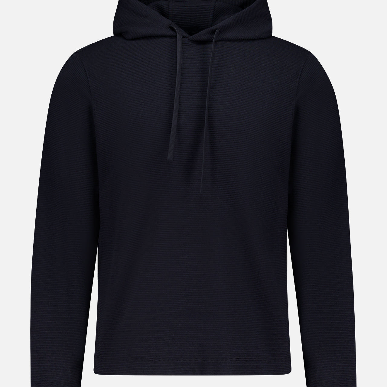 The THEORY Delory Drawstring Hoodie Sweater is a plain black knit top with long sleeves, front pocket, and drawstring hood. Displayed on a white background, it offers a relaxed fit for everyday comfort.