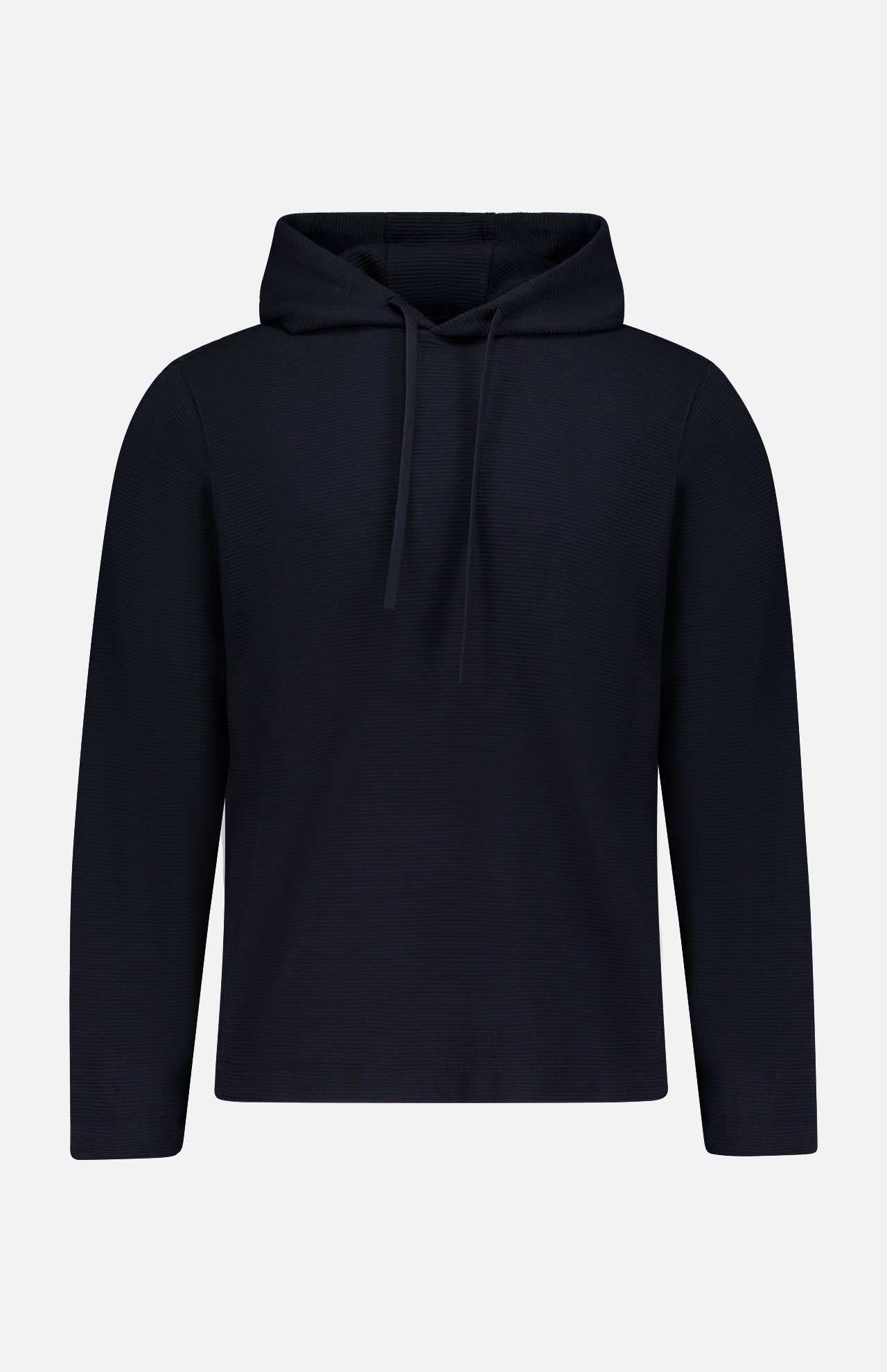 The THEORY Delory Drawstring Hoodie Sweater is a plain black knit top with long sleeves, front pocket, and drawstring hood. Displayed on a white background, it offers a relaxed fit for everyday comfort.