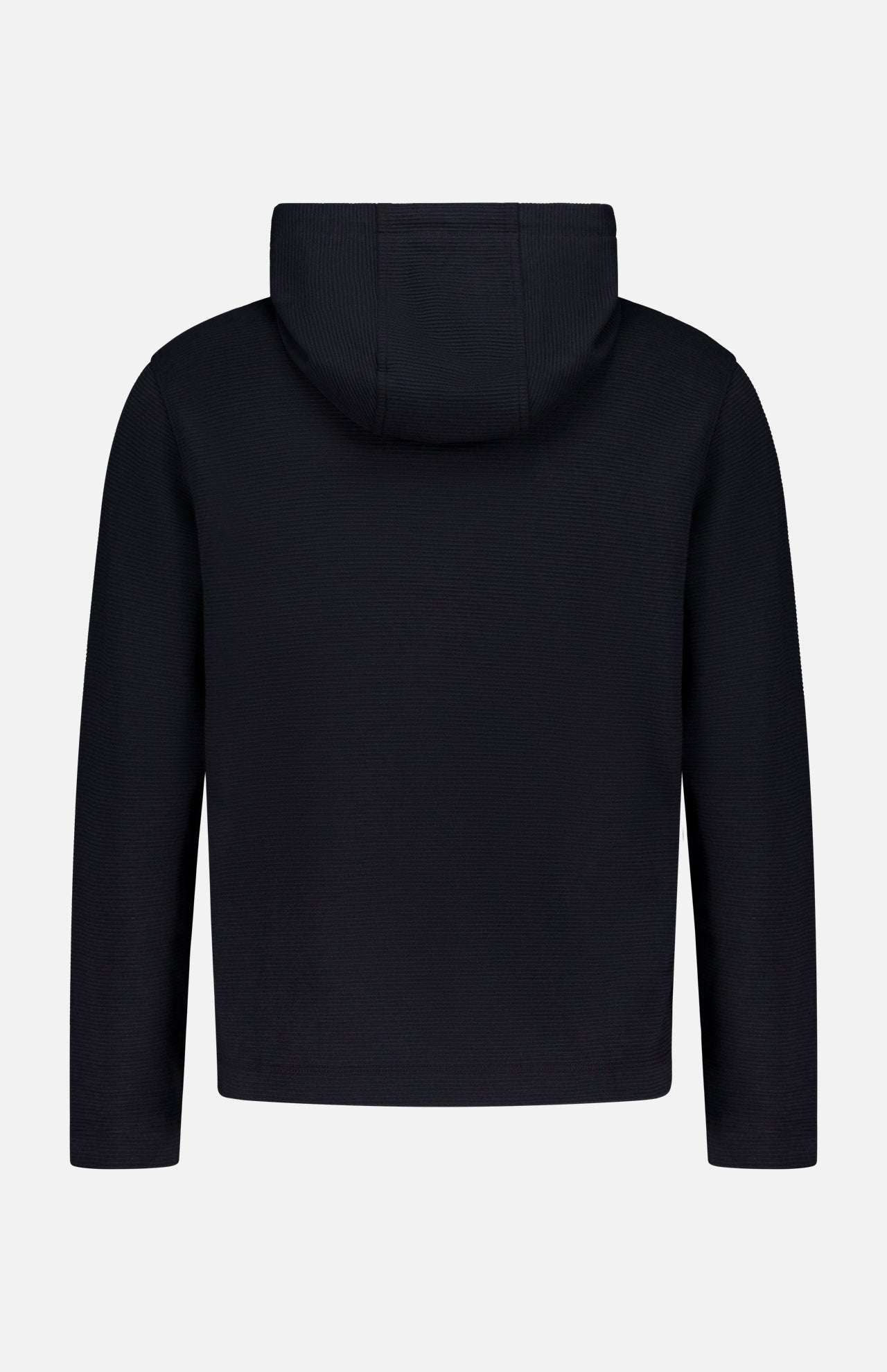 The Delory Drawstring Hoodie Sweater by THEORY is a plain black knit top with a drawstring hood, long sleeves, and a simple design, shown from the back against a light gray background.