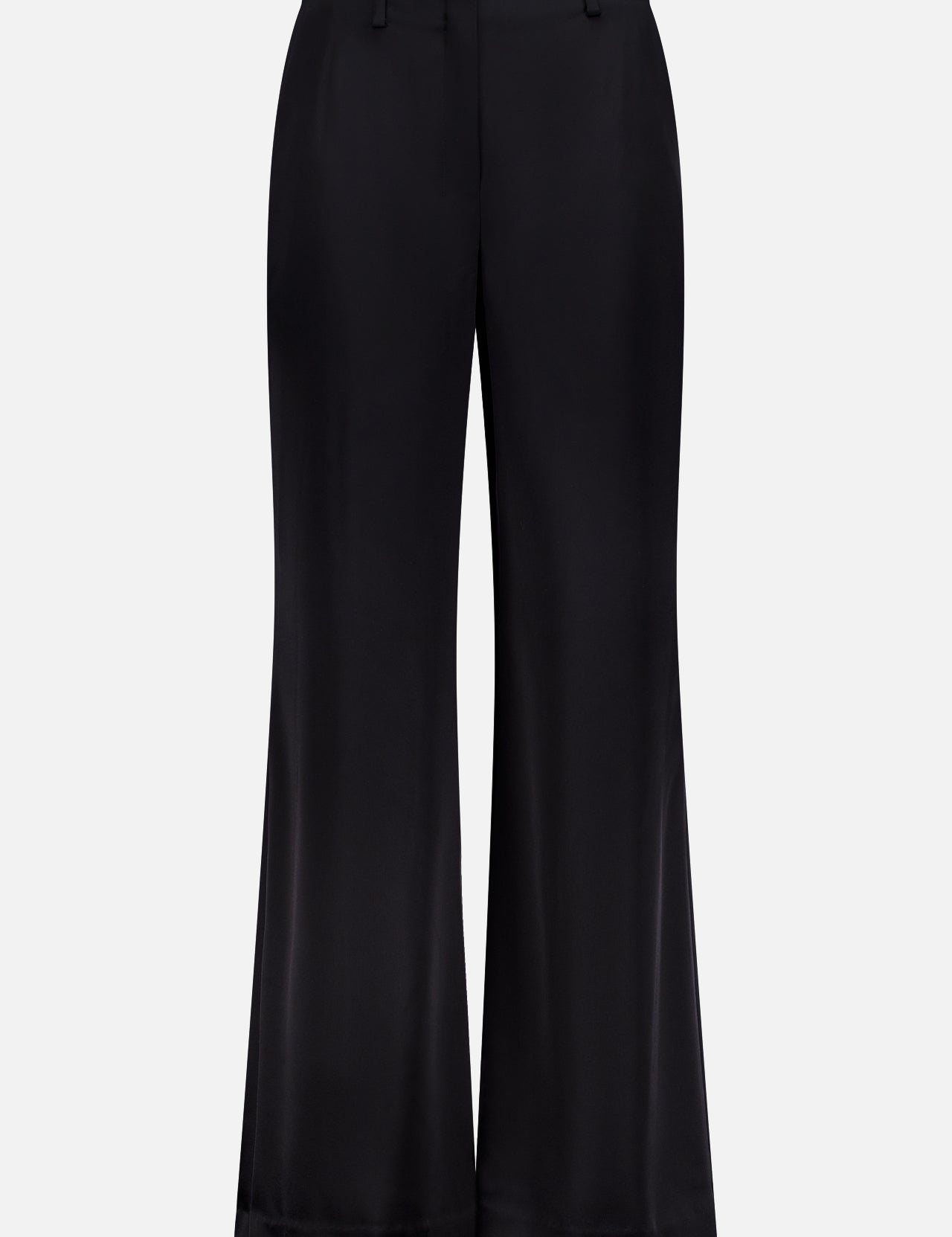 The THEORY Fluid Satin Flare Pant features a black, high-waisted design with belt loops and a smooth finish, tailored for an elongated leg, shown against a plain white background.