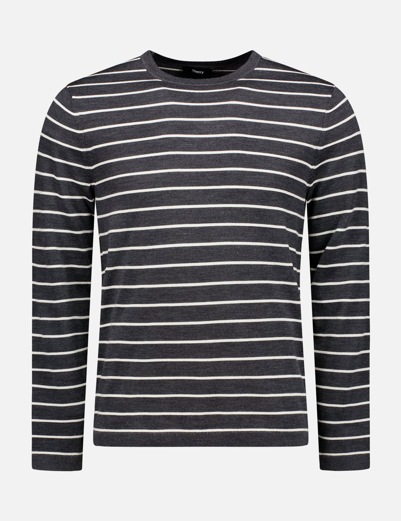 THEORY's Full Stripe Crew is a long-sleeve, crew-neck shirt with horizontal white and dark gray stripes, ideal for effortless casual style.