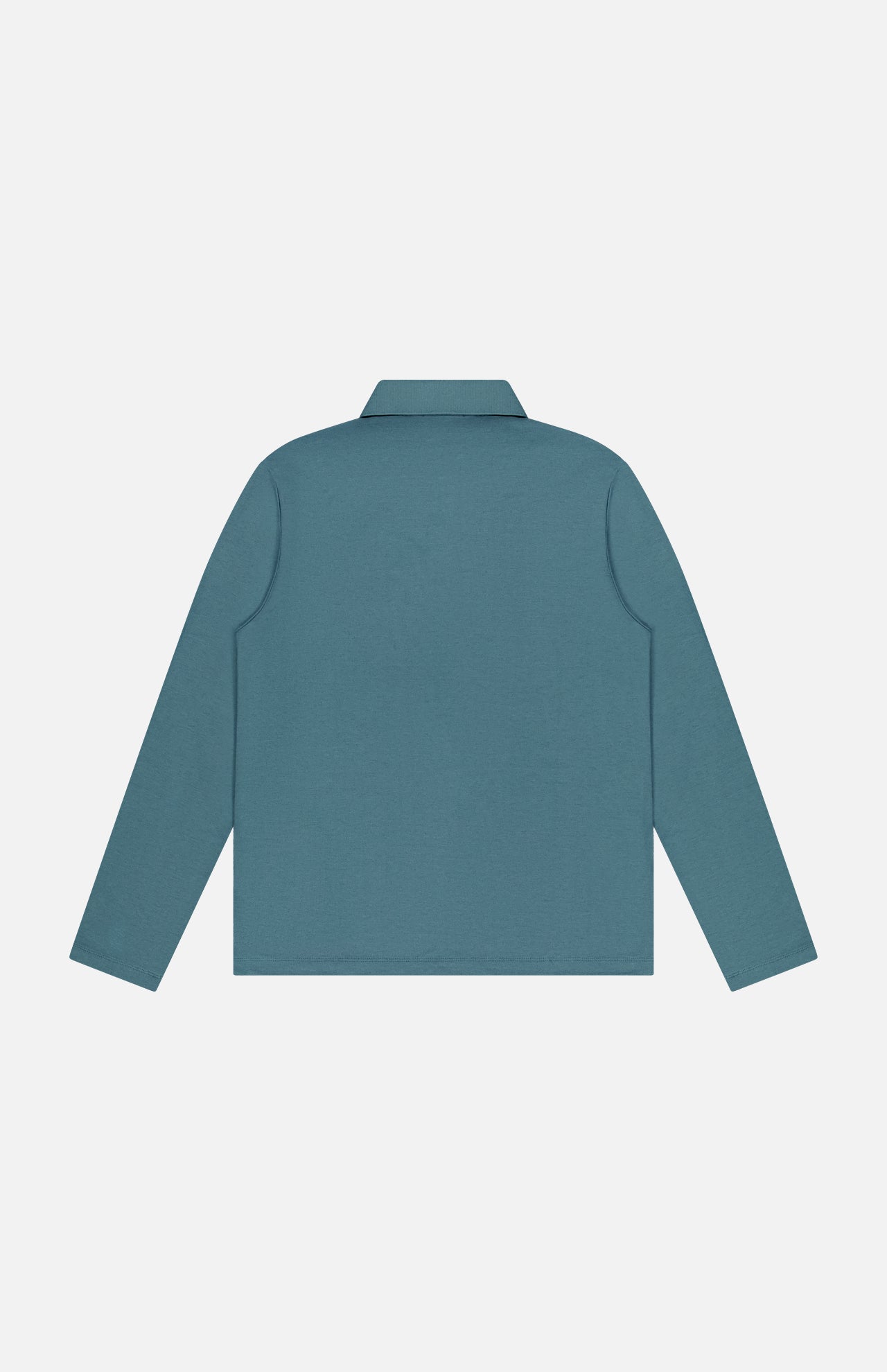 The THEORY Goris Long Sleeve Polo Shirt in teal is displayed flat from the back on a white background. Crafted from lightweight stretch jersey, it delivers both comfort and style.