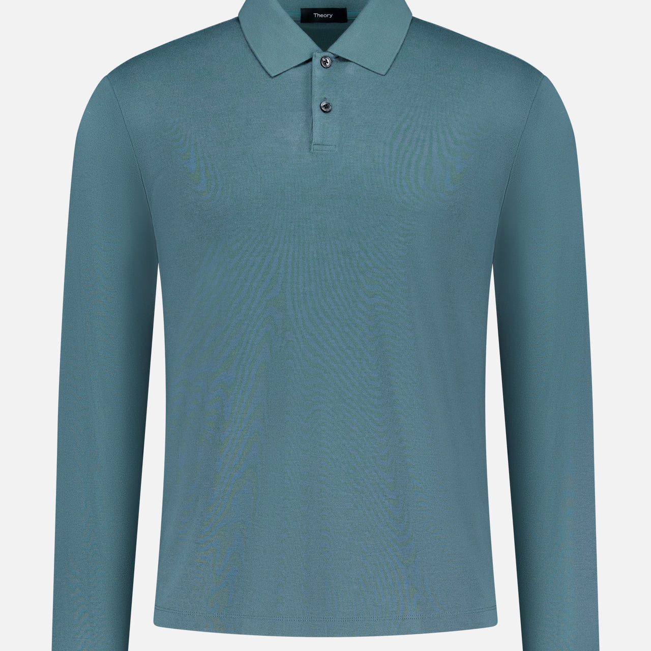 The THEORY Goris Long Sleeve Polo Shirt in teal, made from lightweight stretch jersey with a classic collar and two-button placket, is shown against a plain white background.