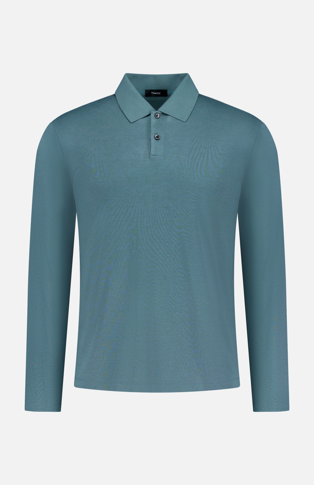 The THEORY Goris Long Sleeve Polo Shirt in teal, made from lightweight stretch jersey with a classic collar and two-button placket, is shown against a plain white background.