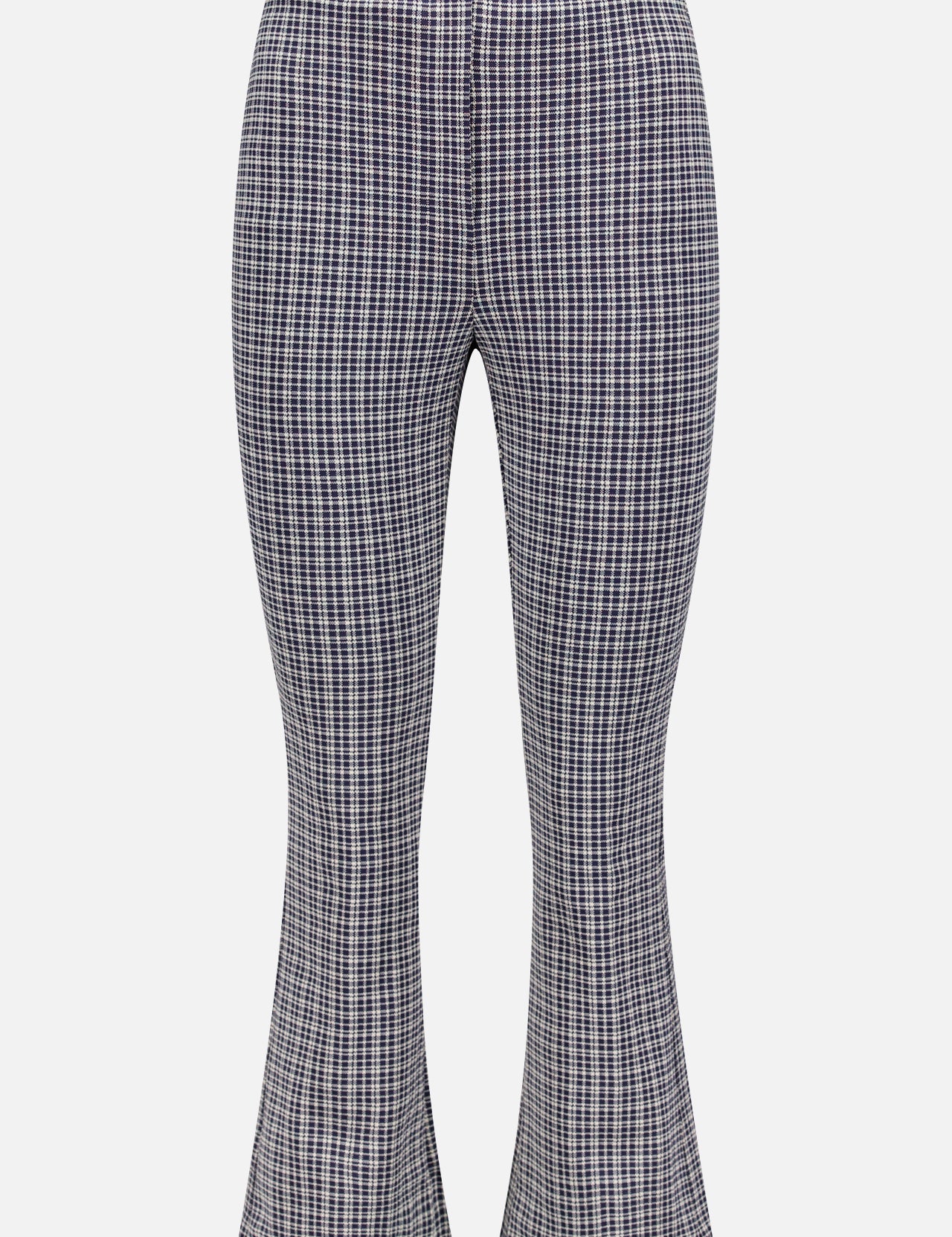 The THEORY High Waisted Knit Kick Pant features a navy and white plaid stretch knit, cropped length, and a subtle flare that creates a modern bell-bottom silhouette.