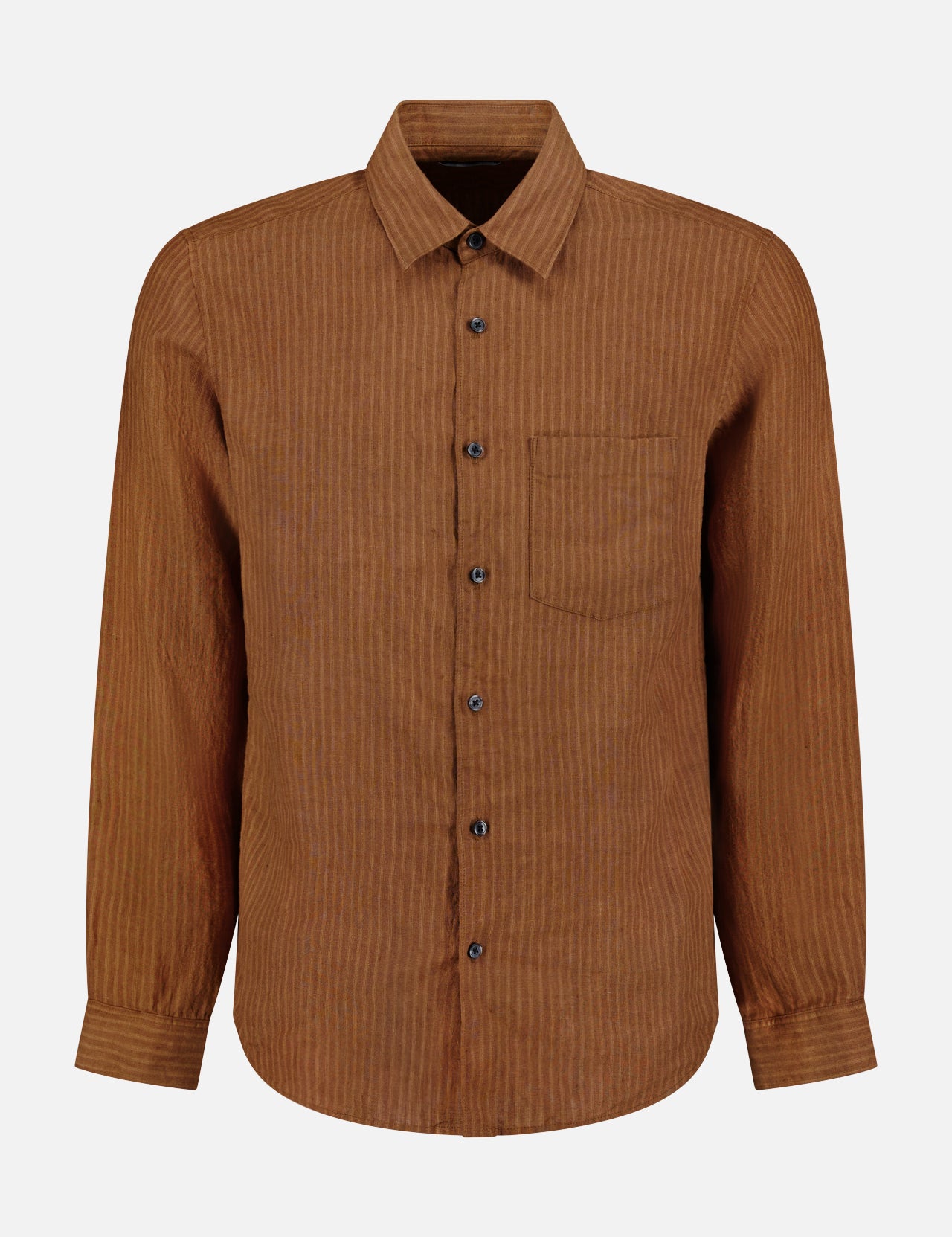 The THEORY Irving Striped Linen Summer Shirt for men features a brown hue, long sleeves, subtle vertical stripes, a chest pocket, and classic collar—crafted from European-sourced flax linen and shown on a plain white background.