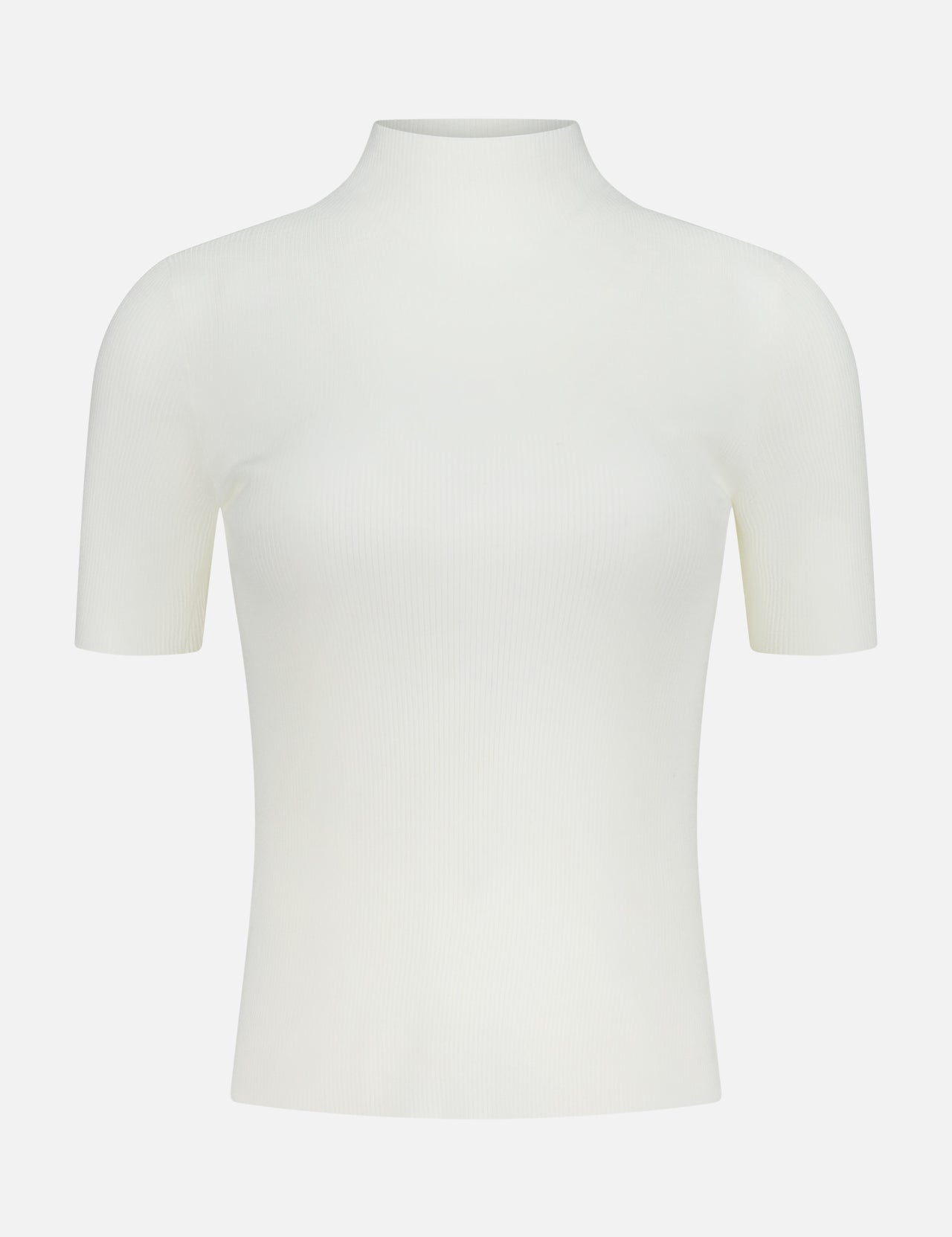 The THEORY Leena Solid Wool Top is an ivory pullover featuring short sleeves and a ribbed mock neck, shown against a white background.