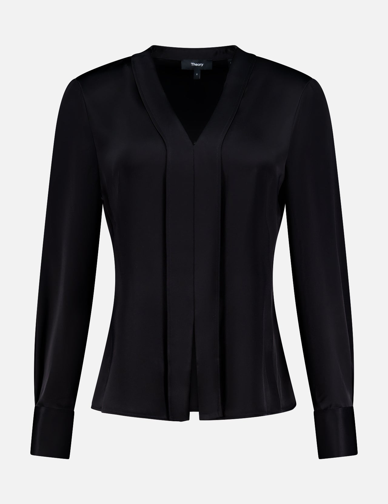 The THEORY Long Sleeve Center Seam Shirt features black satin, wide cuffs, a v-neck, and pleated front details—perfect for transitioning from office to party. Shown on a plain white background.