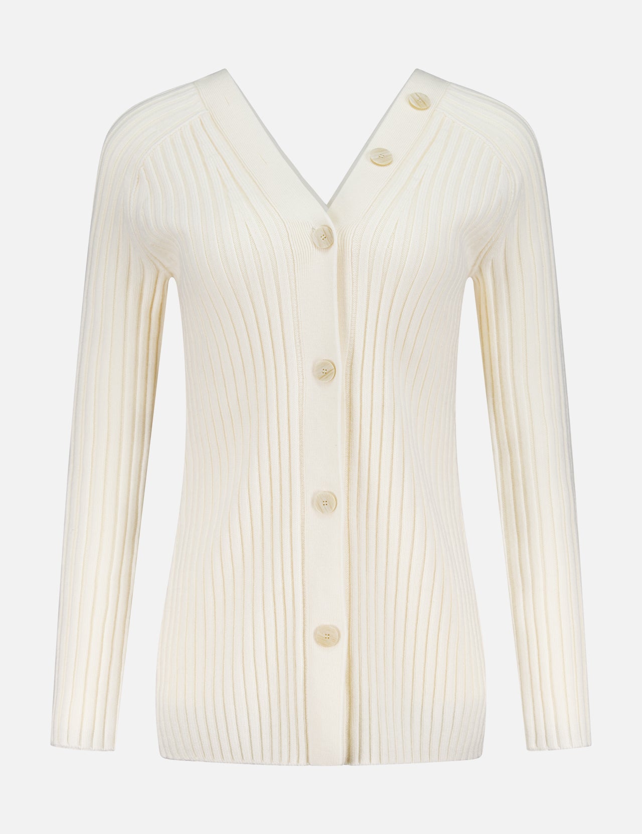THEORY Long Sleeve Open Back Cardigan in cream features a slim fit, ribbed knit texture, V-neckline, and five matching buttons down the front. Displayed on a plain white background.