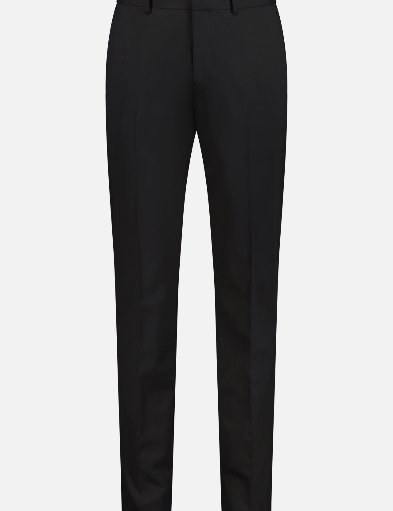 The THEORY Mayer New Tailor Trouser Black features a slim, straight-leg fit with a flat front and belt loops, crafted from a black wool blend and shown against a plain white background.