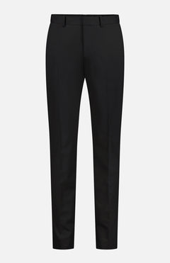 The THEORY Mayer New Tailor Trouser Black features a slim, straight-leg fit with a flat front and belt loops, crafted from a black wool blend and shown against a plain white background.
