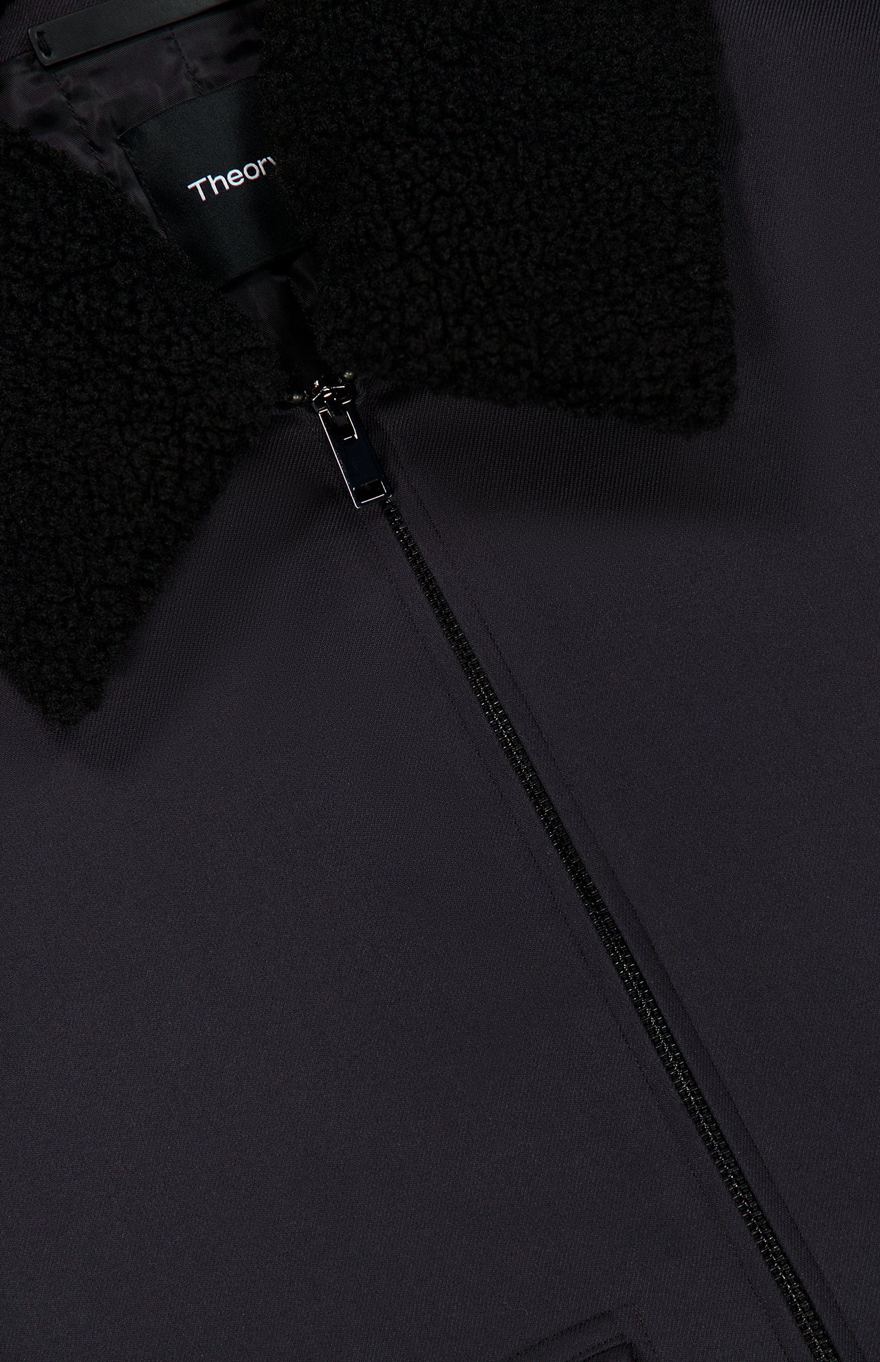 Theory Aviator Double Face Jacket in dark blue with a black textured collar.