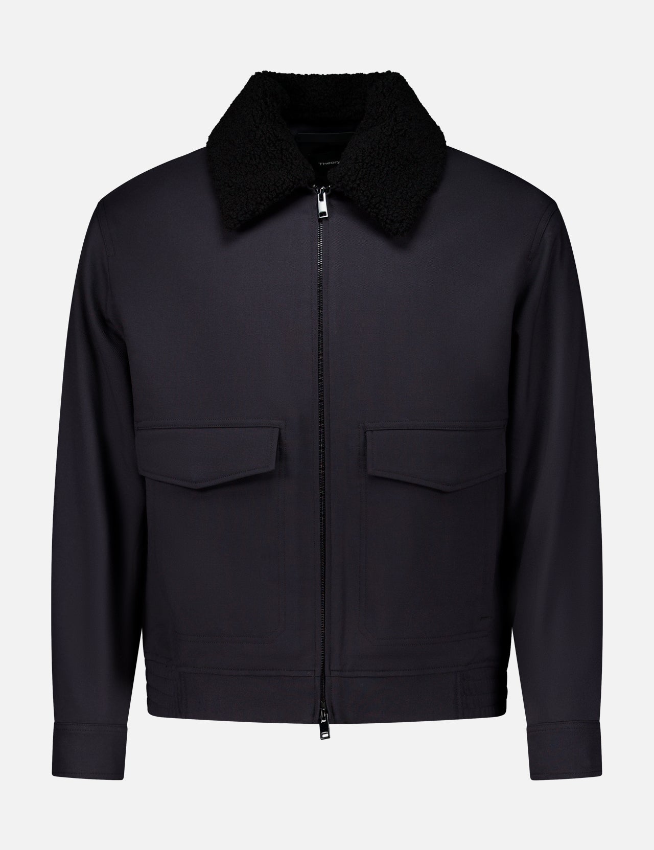 Theory Aviator Double Face Jacket in dark navy, featuring a black faux-shearling collar and two front flap pockets.
