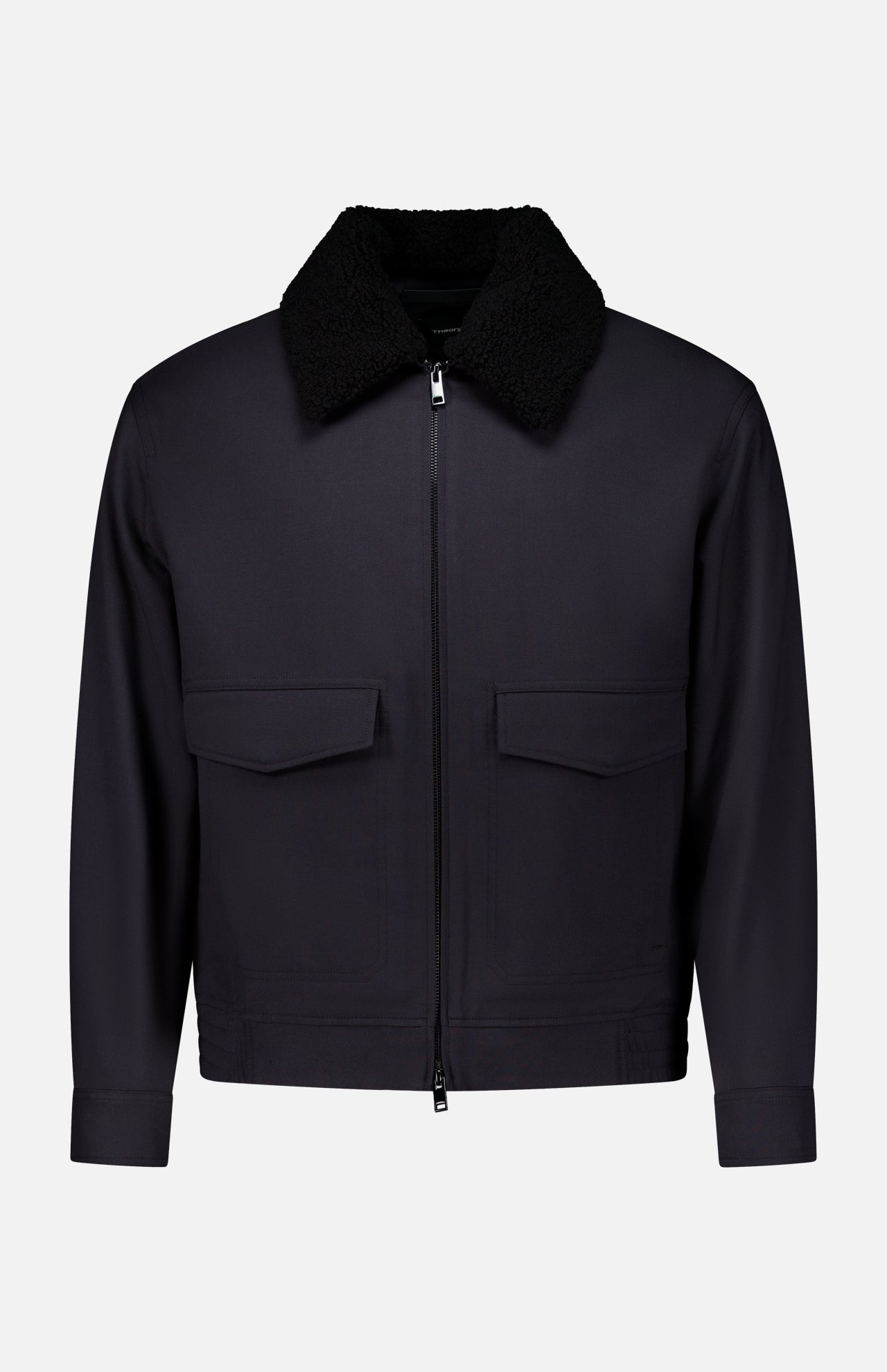 Theory Aviator Double Face Jacket in dark navy, featuring a black faux-shearling collar and two front flap pockets.