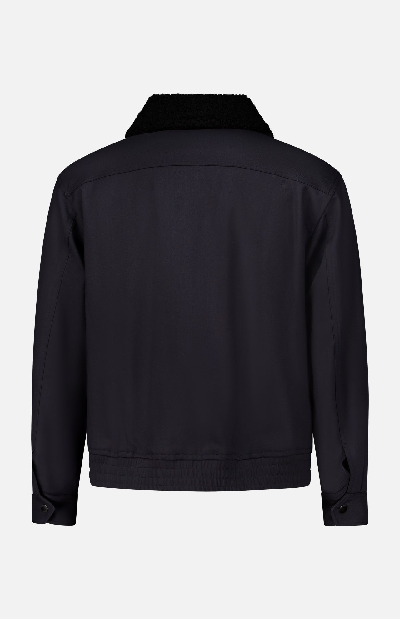 Back view of a dark blue Theory Aviator Double Face Jacket with a black faux-shearling collar and a banded waist.