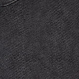 Close-up of the THEORY Breach Wash Long Sleeve Crewneck Sweater in dark gray organic cotton, featuring ribbed knit texture, visible stitching at the neckline, and part of a black label near the top left corner.
