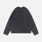 The THEORY Breach Wash Long Sleeve Crewneck Sweater is shown laid flat, back view, in dark gray organic cotton with a relaxed fit and visible seam details.