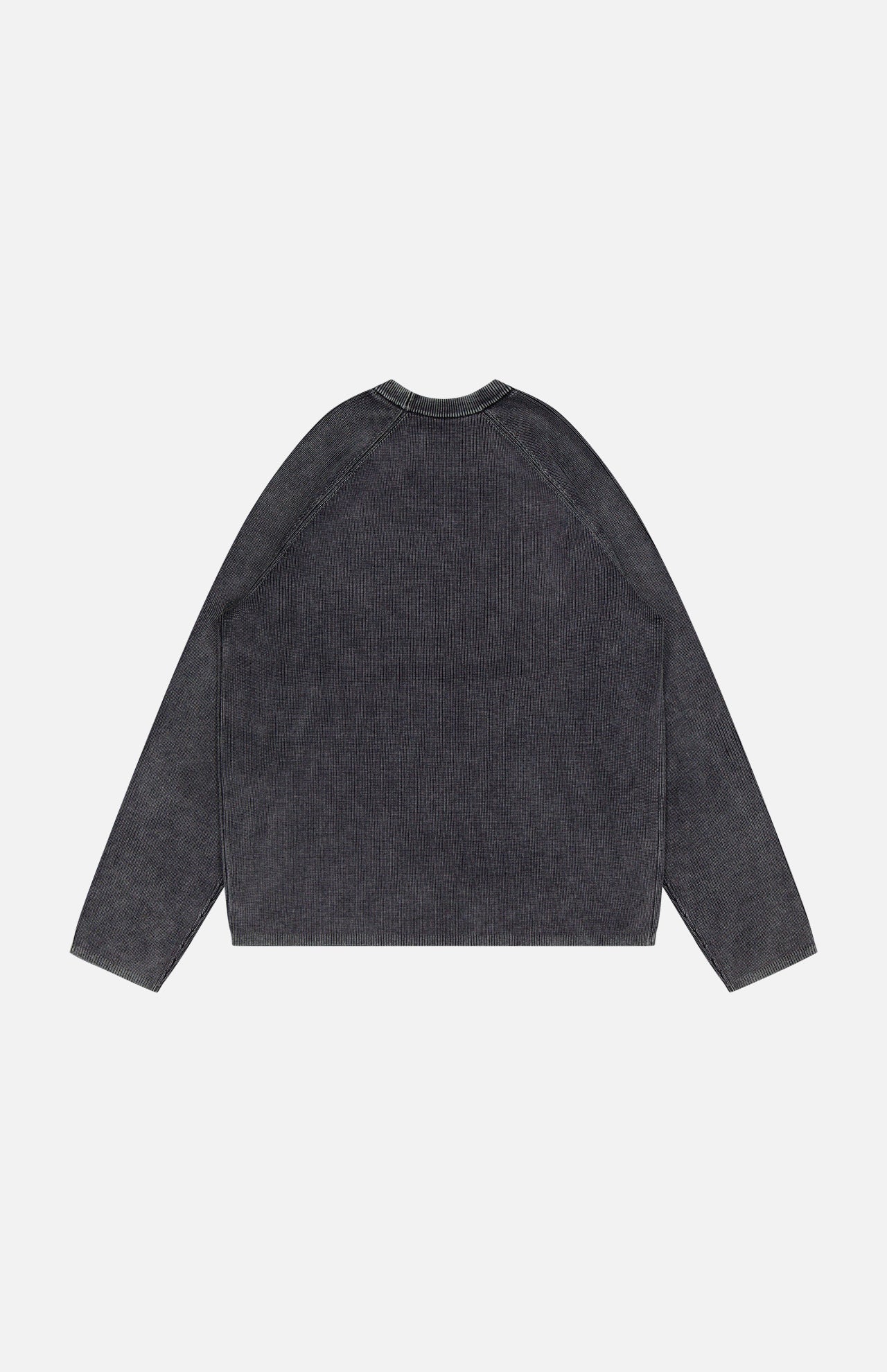 The THEORY Breach Wash Long Sleeve Crewneck Sweater is shown laid flat, back view, in dark gray organic cotton with a relaxed fit and visible seam details.
