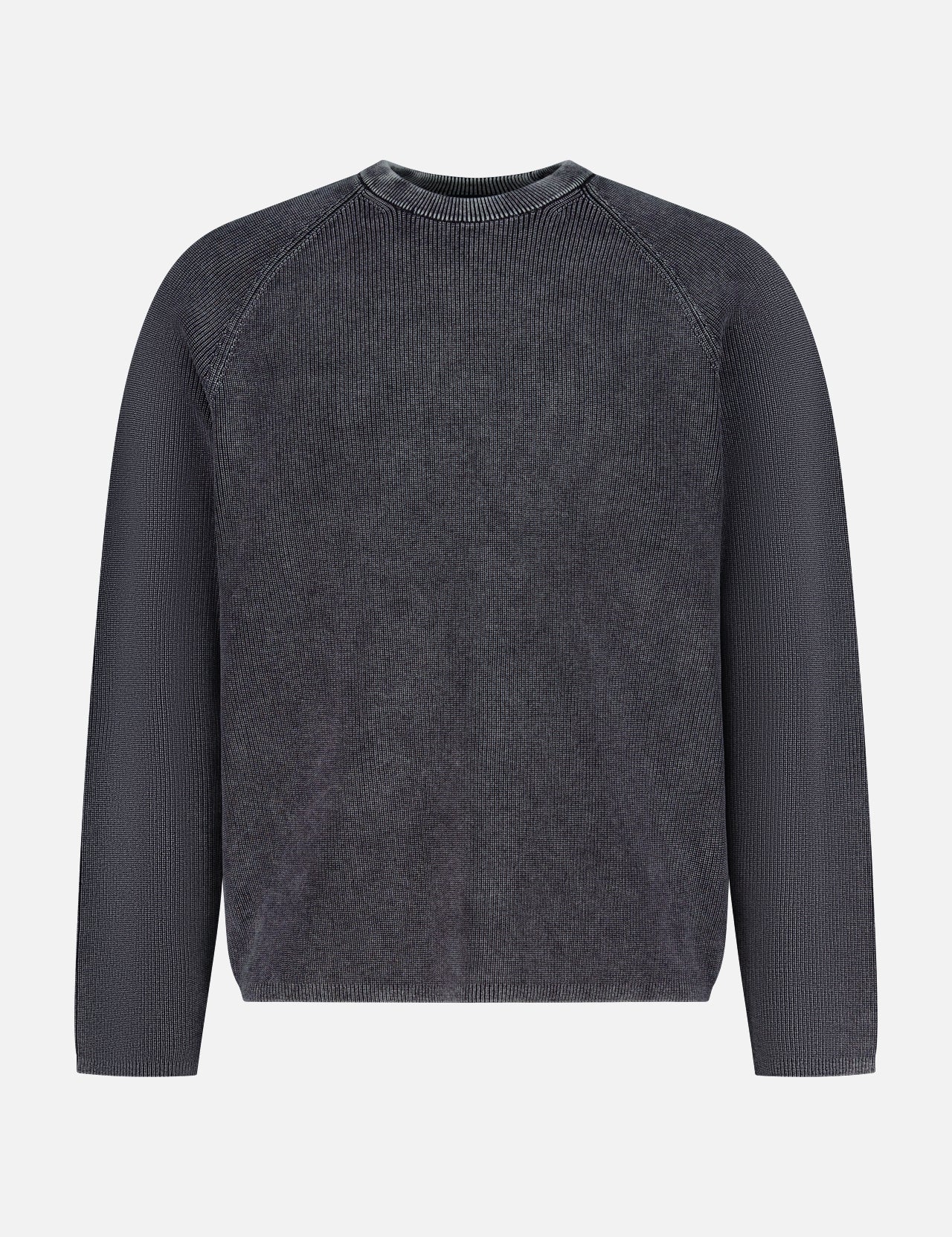 The THEORY Breach Wash Long Sleeve Crewneck Sweater is a dark gray, ribbed lightweight pullover with a round neckline and a simple, casual design, shown on a plain white background. No visible patterns or logos.
