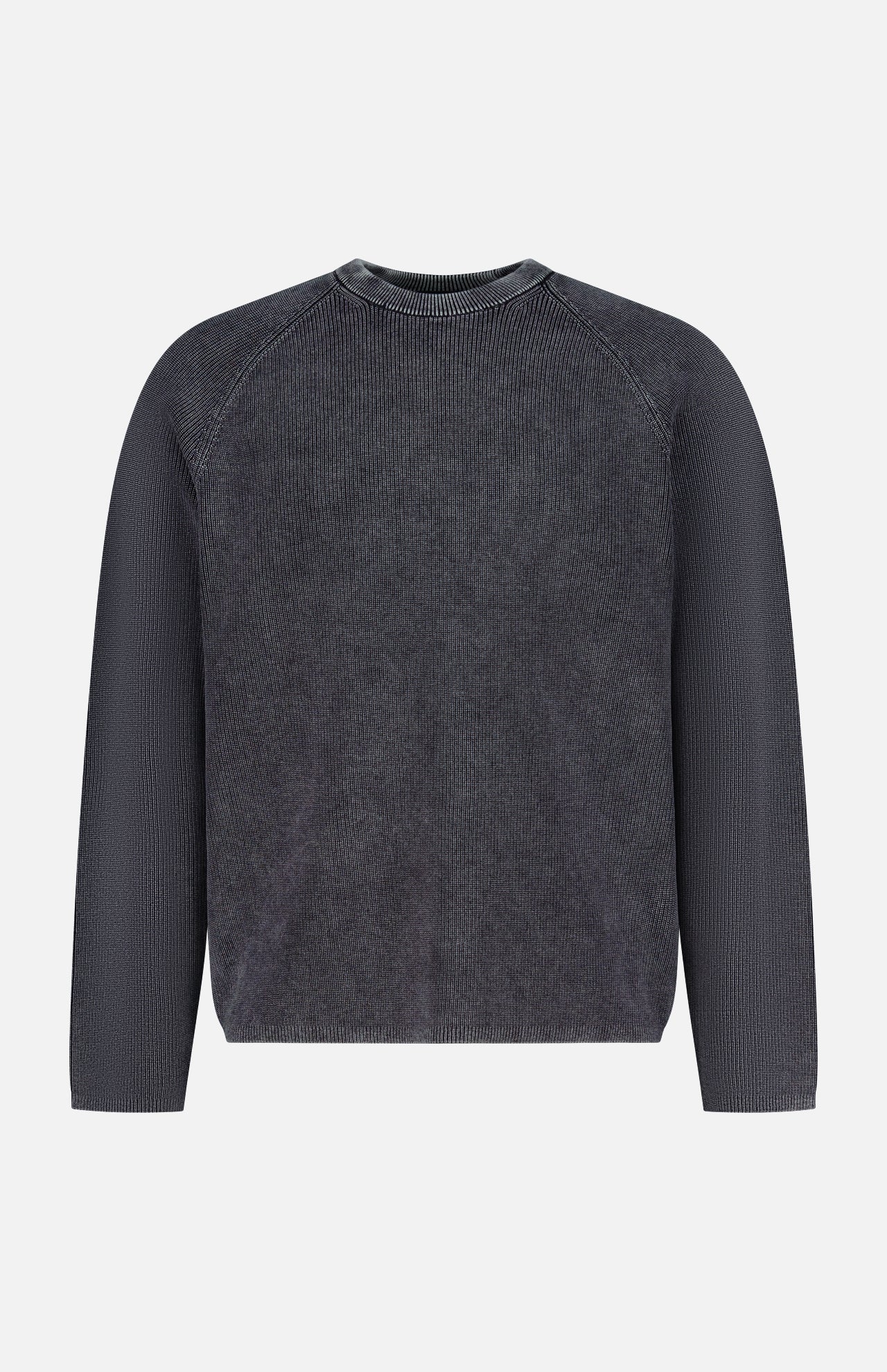 The THEORY Breach Wash Long Sleeve Crewneck Sweater is a dark gray, ribbed lightweight pullover with a round neckline and a simple, casual design, shown on a plain white background. No visible patterns or logos.
