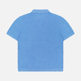 Back view of the THEORY Brenan Knit Johnny Collar Polo Shirt in light blue linen-blend, shown on a white background.