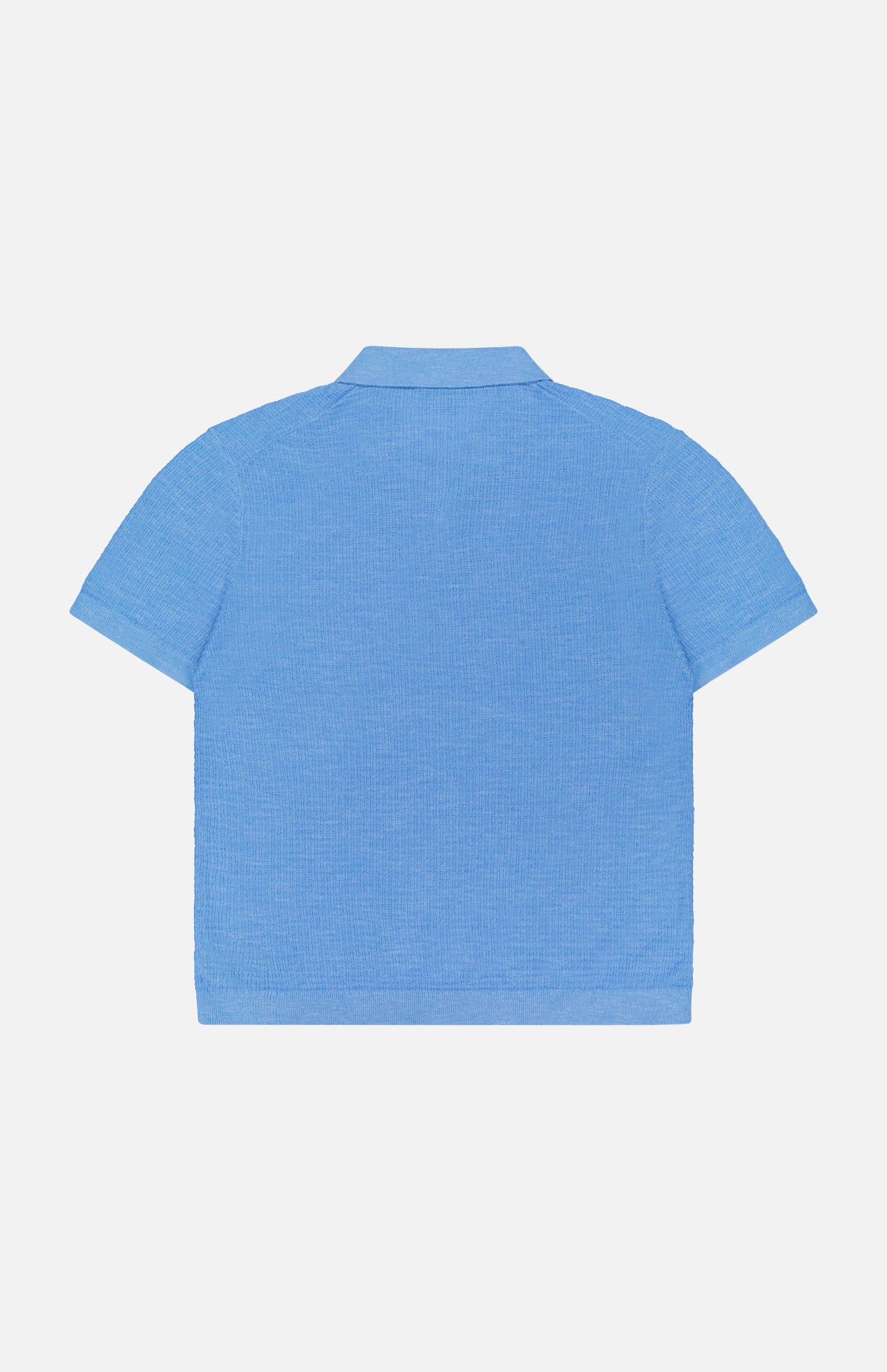 Back view of the THEORY Brenan Knit Johnny Collar Polo Shirt in light blue linen-blend, shown on a white background.