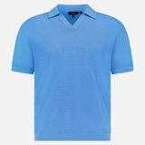 The THEORY Brenan Knit Johnny Collar Polo Shirt is light blue, crafted in a textured linen-blend with short sleeves, a Johnny collar, and V-neck. Displayed on a plain white background.