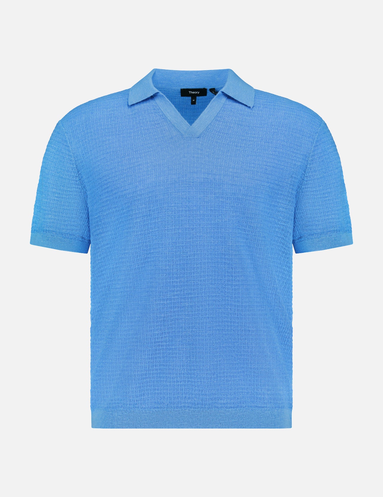 The THEORY Brenan Knit Johnny Collar Polo Shirt is light blue, crafted in a textured linen-blend with short sleeves, a Johnny collar, and V-neck. Displayed on a plain white background.