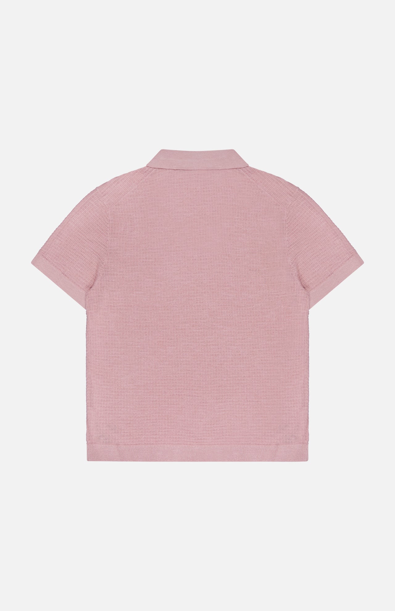The THEORY Brenan Knit Johnny Collar Polo Shirt is shown from the back in light pink, featuring short sleeves and textured linen-blend fabric, set against a plain white background.
