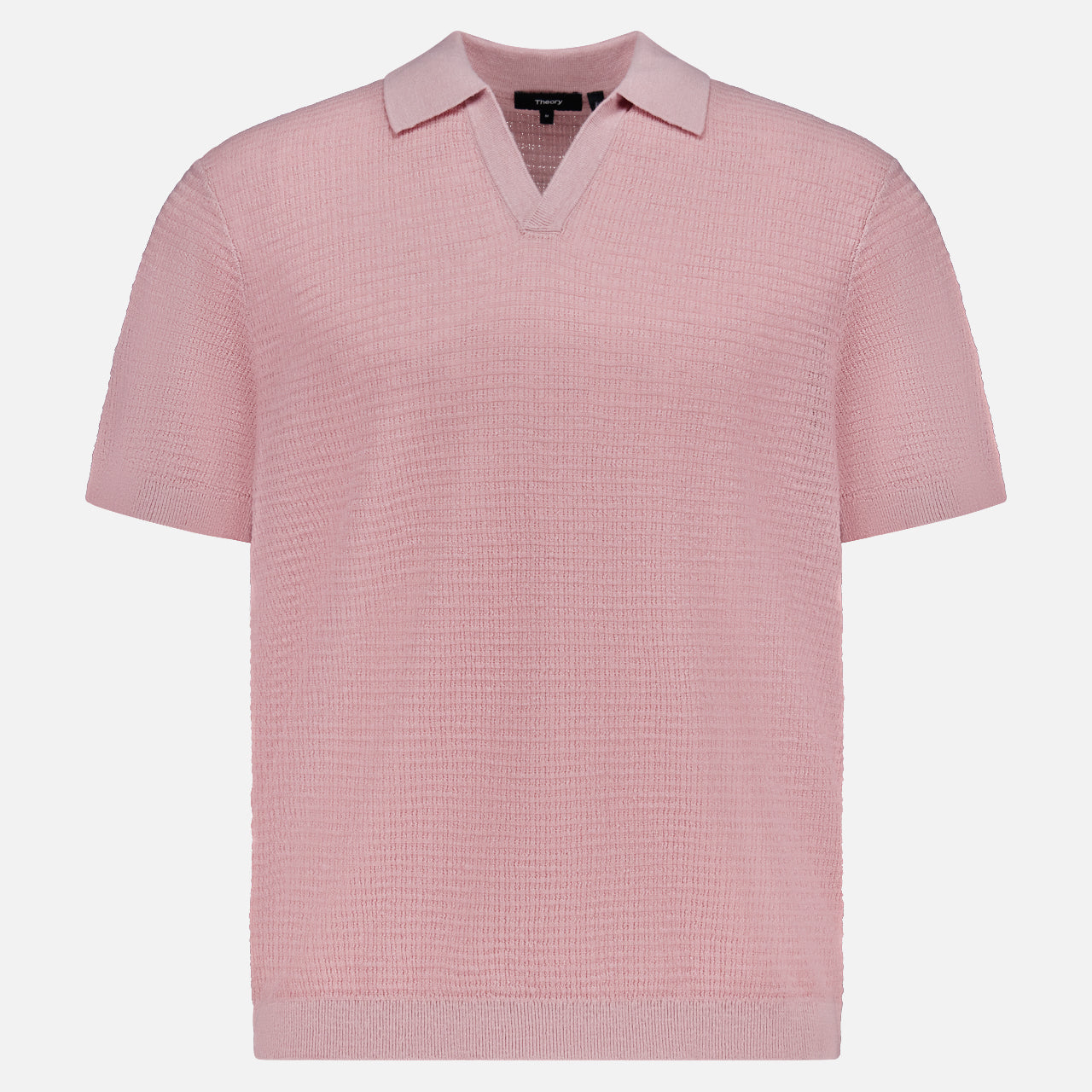 The THEORY Brenan Knit Johnny Collar Polo Shirt features a light pink linen-blend with short sleeves, a textured pattern, soft Johnny collar, and V-shaped neckline, shown on a plain white background.