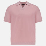 The THEORY Brenan Knit Johnny Collar Polo Shirt features a light pink linen-blend with short sleeves, a textured pattern, soft Johnny collar, and V-shaped neckline, shown on a plain white background.