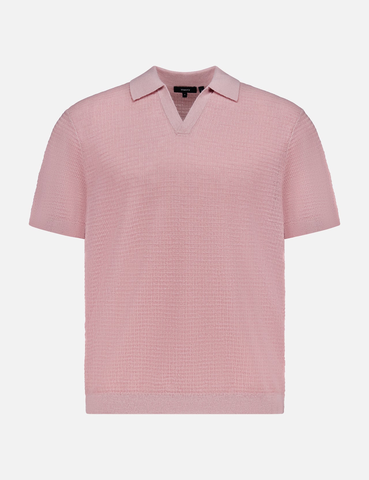The THEORY Brenan Knit Johnny Collar Polo Shirt features a light pink linen-blend with short sleeves, a textured pattern, soft Johnny collar, and V-shaped neckline, shown on a plain white background.