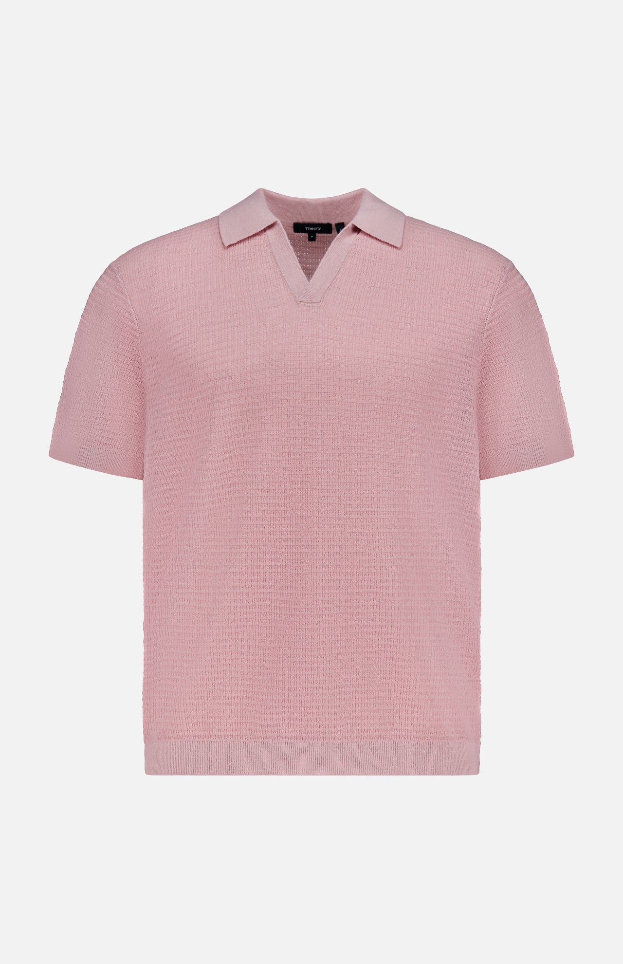 The THEORY Brenan Knit Johnny Collar Polo Shirt features a light pink linen-blend with short sleeves, a textured pattern, soft Johnny collar, and V-shaped neckline, shown on a plain white background.