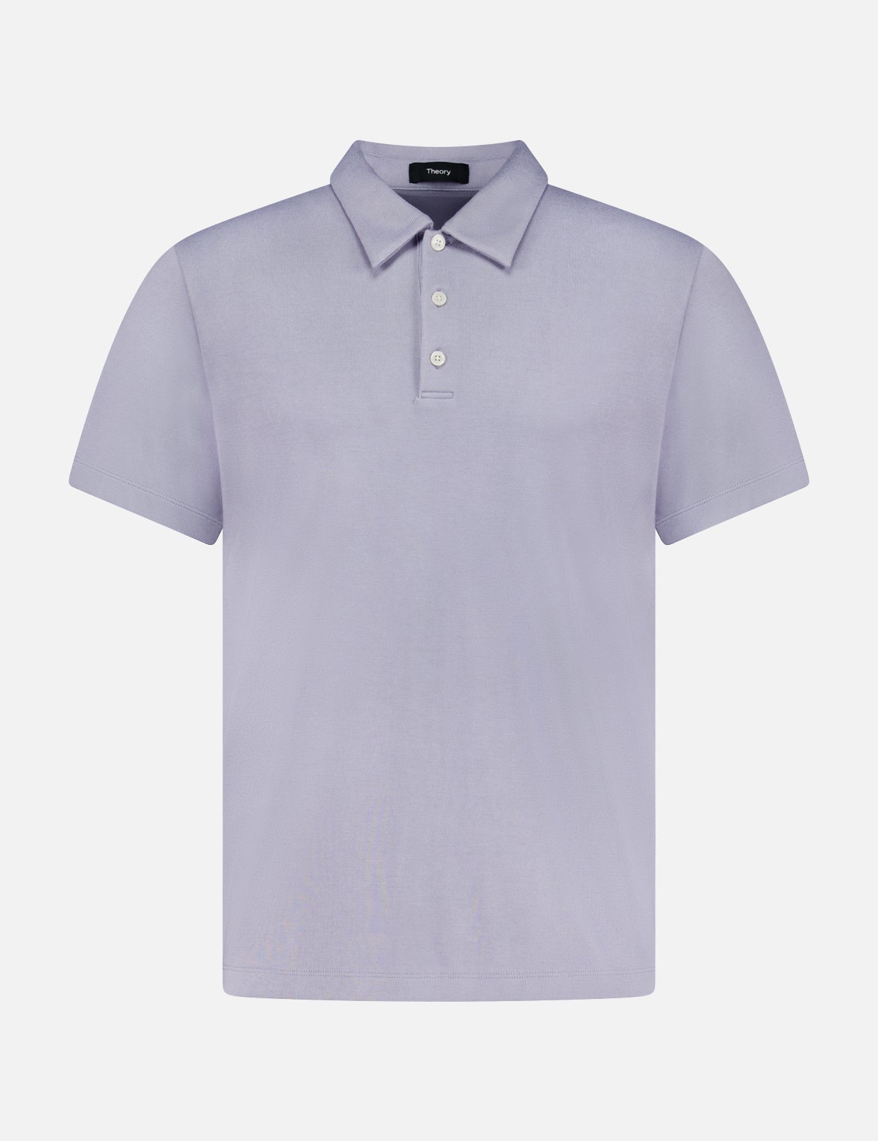 The RAG & BONE Bron Anemone Milan Polo Shirt features a slim fit, light purple color, short sleeves, collar, and three white buttons on the placket, shown against a plain white background.
