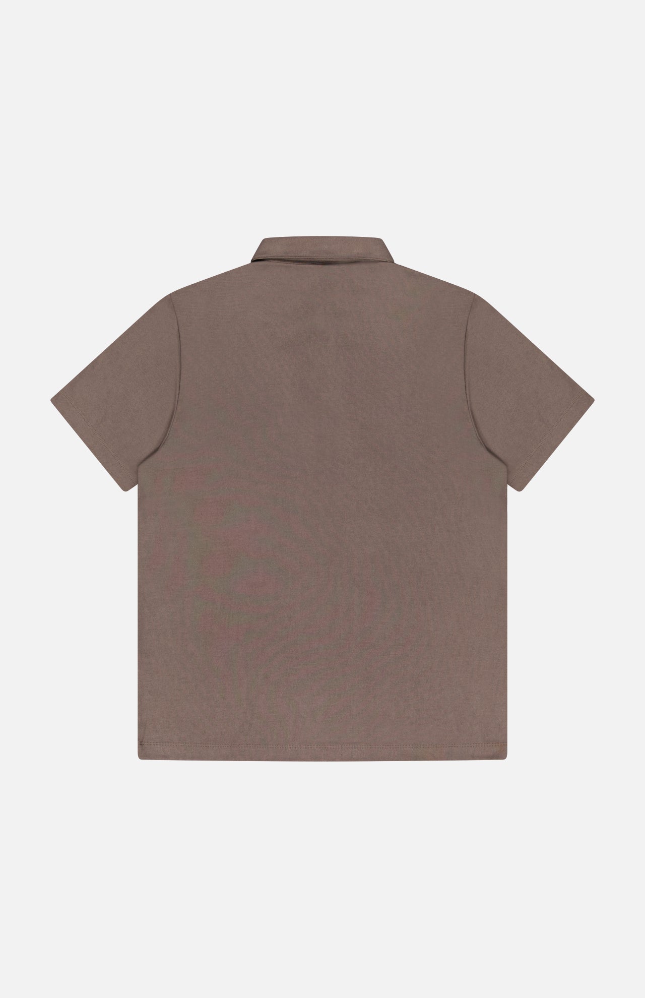 The THEORY Bron Anemone Milan Polo Shirt, a slim-fit style in taupe, is displayed flat with the back facing up on a white background.