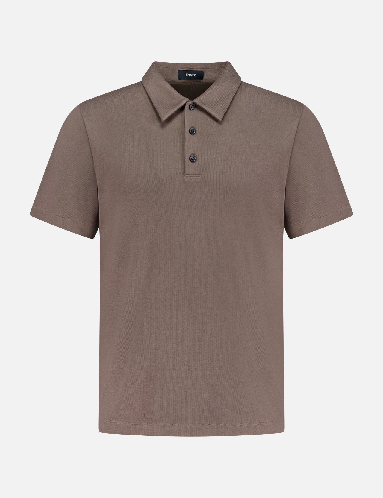 The THEORY Bron Anemone Milan Polo Shirt is a men's taupe polo with a collar, three buttons, and short sleeves, featuring a sleek design and shown on a white background.