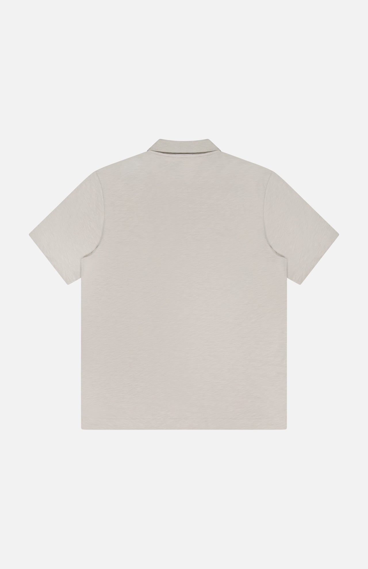 Back view of the THEORY Bron Cosmos Polo Shirt for men in light beige, featuring a classic collar and minimalist design—perfect for those who appreciate the understated style of a light grey polo shirt.