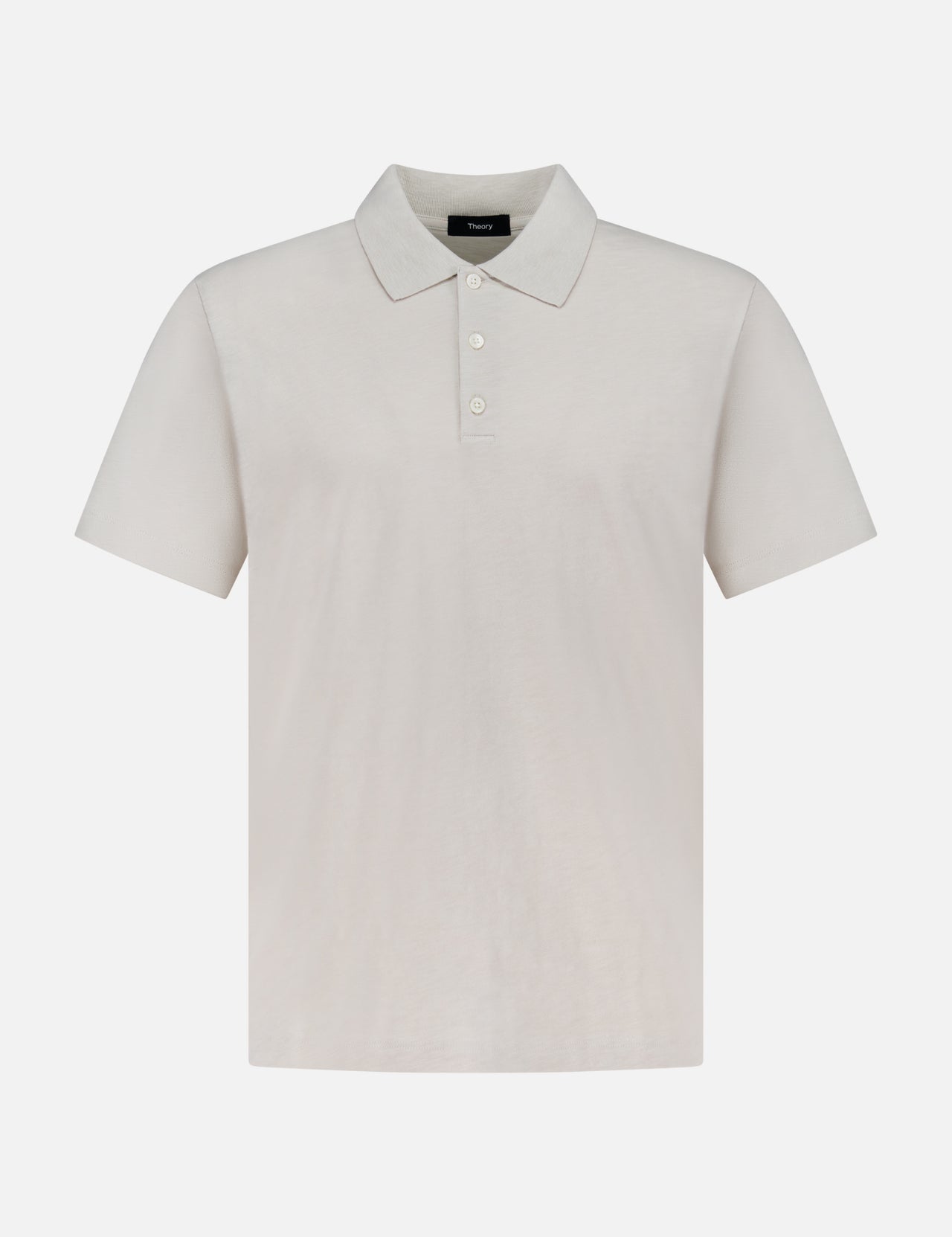 The THEORY Bron Cosmos Polo Shirt is a versatile men's top in light beige, featuring short sleeves, a collar, and three front buttons, displayed against a white background.