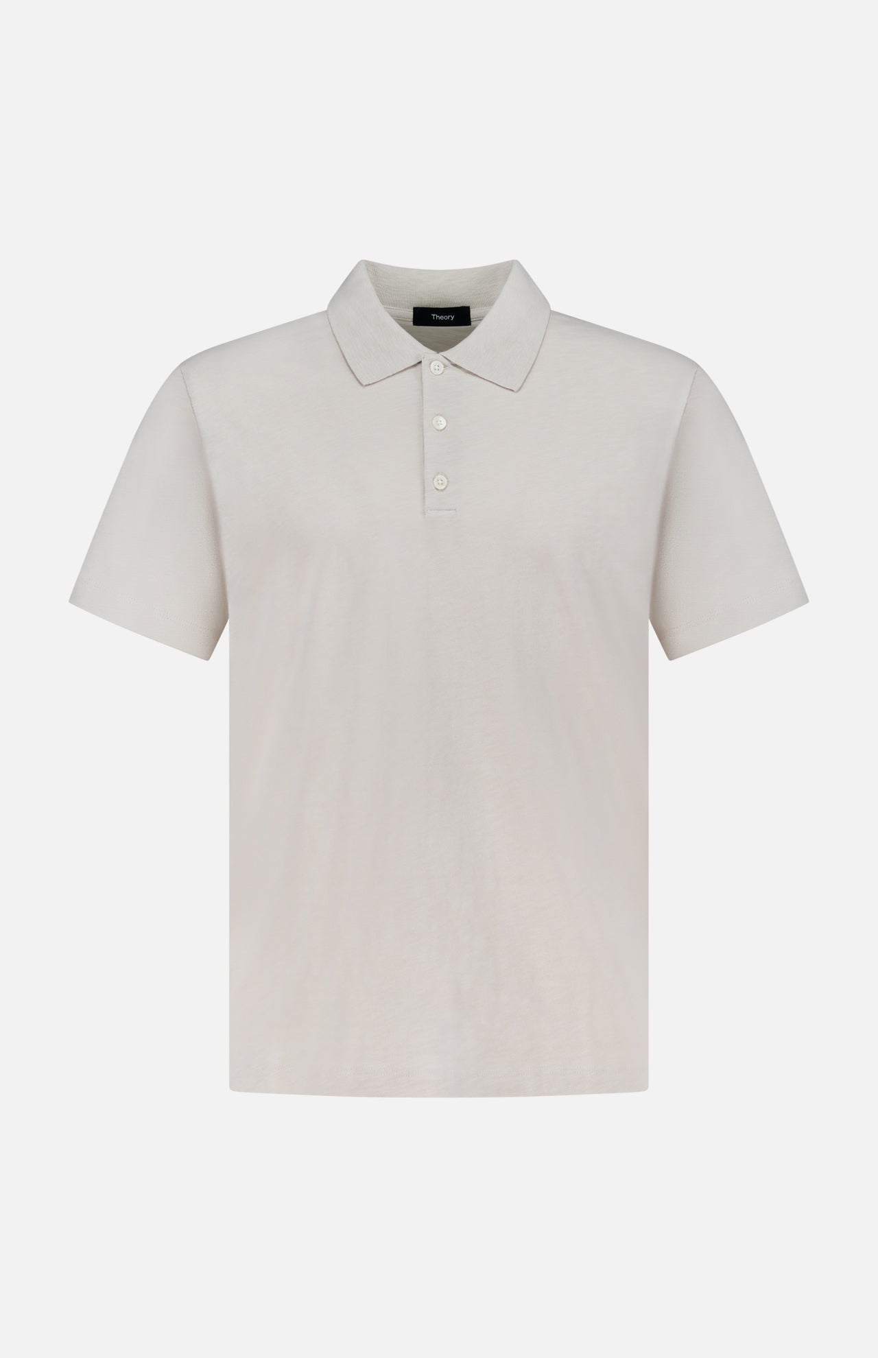 The THEORY Bron Cosmos Polo Shirt is a versatile men's top in light beige, featuring short sleeves, a collar, and three front buttons, displayed against a white background.