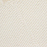 Close-up of the Cable Knit Wool-blend Sweater by THEORY, cream-colored with ribbed texture and a distinct center cable knit detail, featuring the THEORY label at the crew neck.