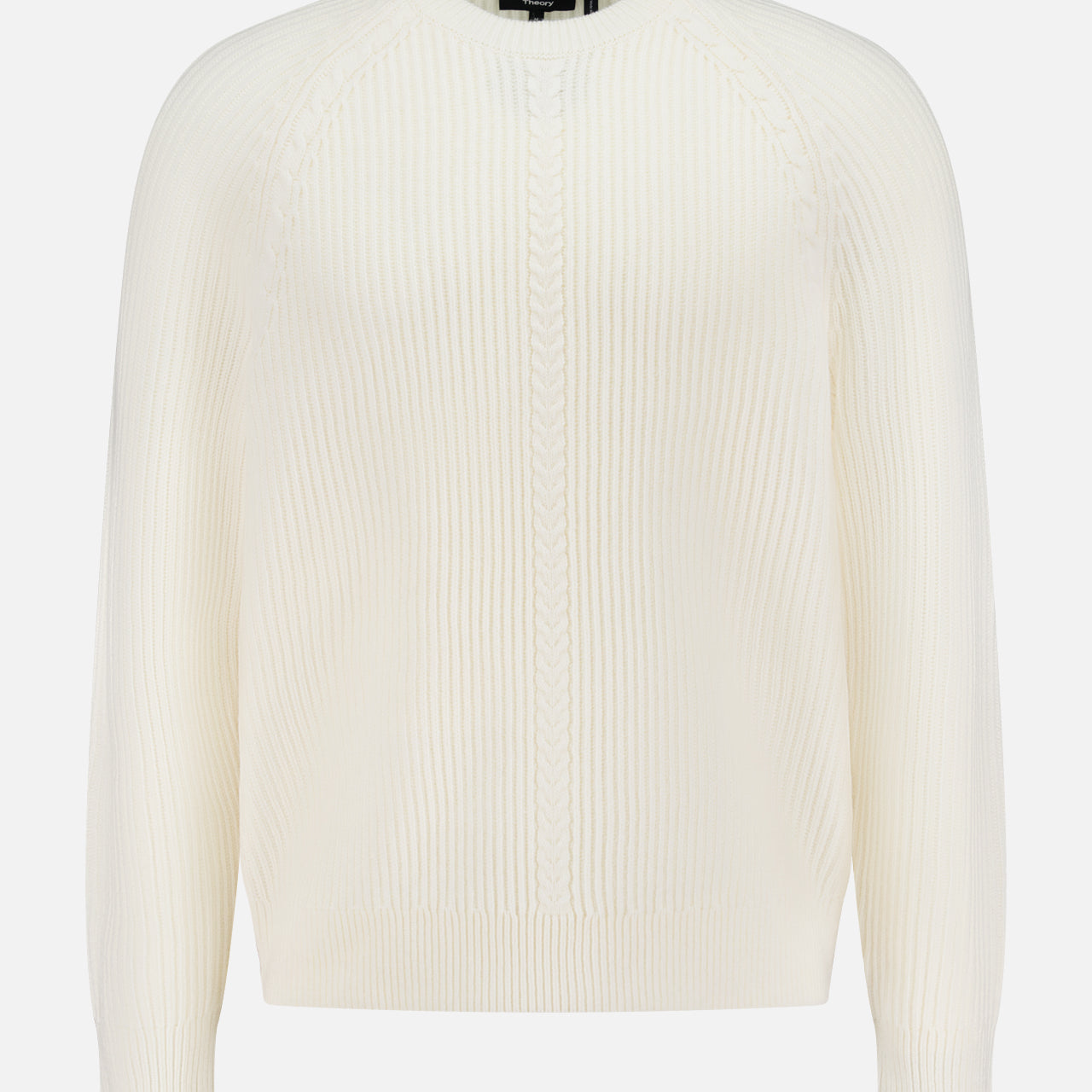 The THEORY Cable Knit Wool-blend Sweater is cream-colored with a crew neck, long sleeves, and a vertical ribbed pattern on the front and sleeves, shown against a white background.