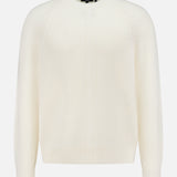 The THEORY Cable Knit Wool-blend Sweater is cream-colored with a crew neck, long sleeves, and a vertical ribbed pattern on the front and sleeves, shown against a white background.