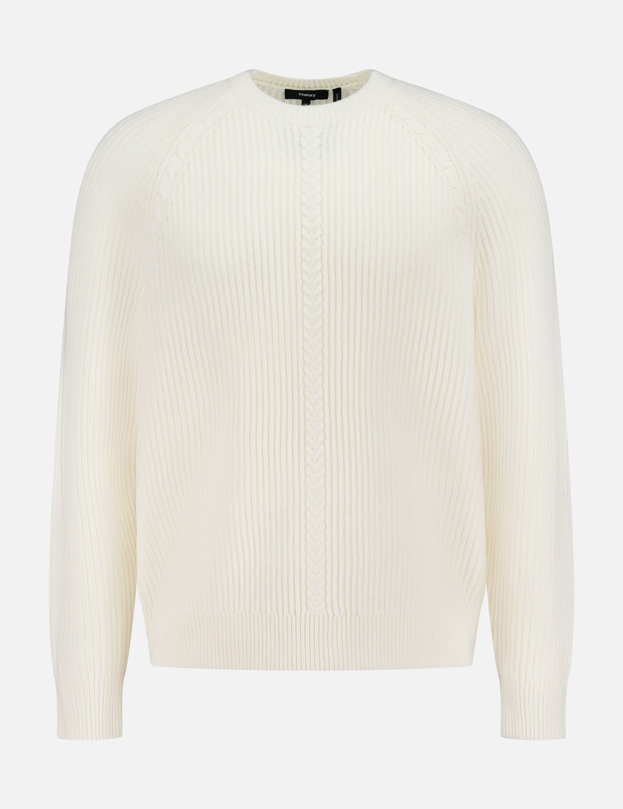 The THEORY Cable Knit Wool-blend Sweater is cream-colored with a crew neck, long sleeves, and a vertical ribbed pattern on the front and sleeves, shown against a white background.