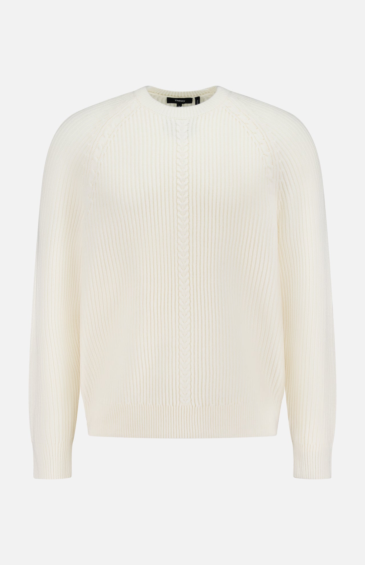 The THEORY Cable Knit Wool-blend Sweater is cream-colored with a crew neck, long sleeves, and a vertical ribbed pattern on the front and sleeves, shown against a white background.