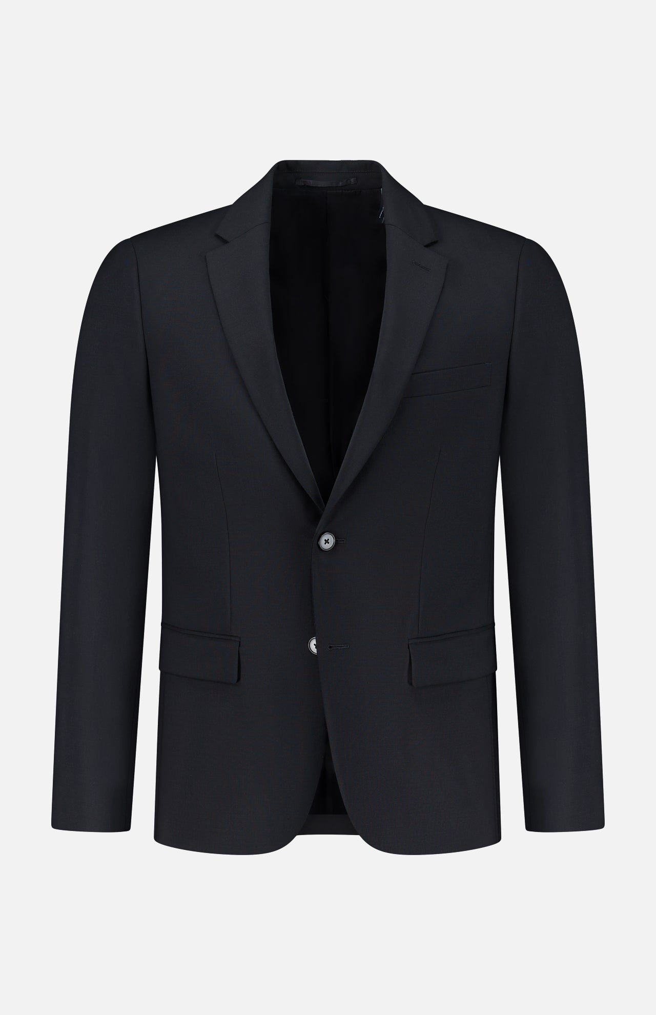 The THEORY Chambers Blazer in Stretch Wool is a black tailored virgin wool blazer featuring notched lapels, a two-button closure, and three front pockets, displayed on a plain white background.