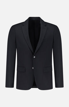 The THEORY Chambers Blazer in Stretch Wool is a black tailored virgin wool blazer featuring notched lapels, a two-button closure, and three front pockets, displayed on a plain white background.
